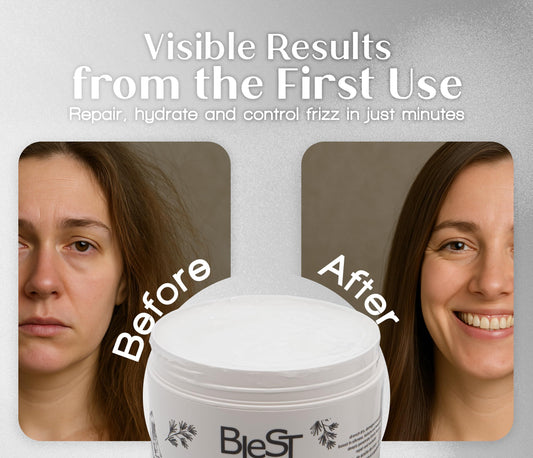 Blest Professional Hair Care Mask tub and scoop ready for easy at-home treatment.