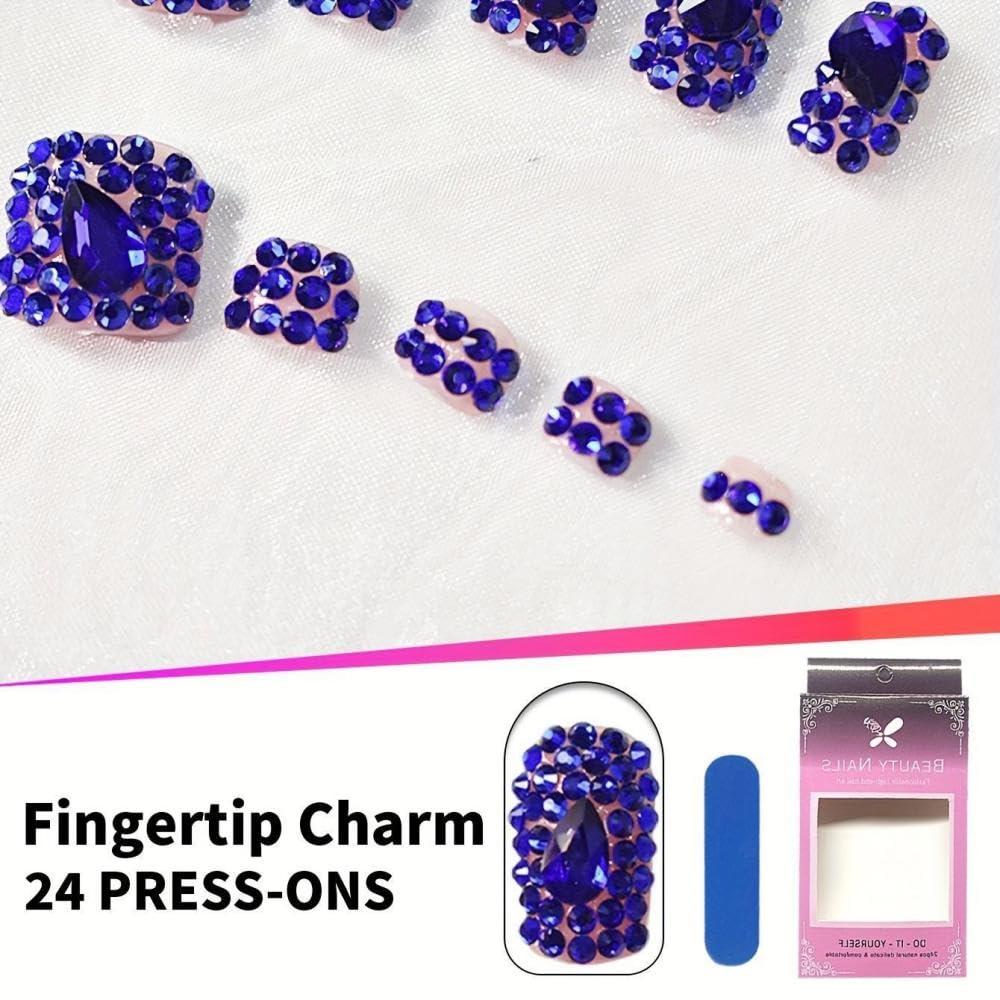 BLGTGH Diamond press on nails with blue rhinestones add glam to any look.