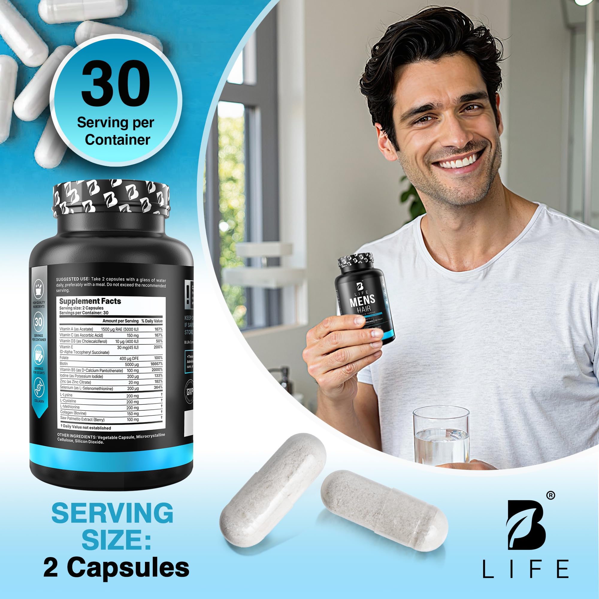 BLife man practicing morning routine near supplement bottle.