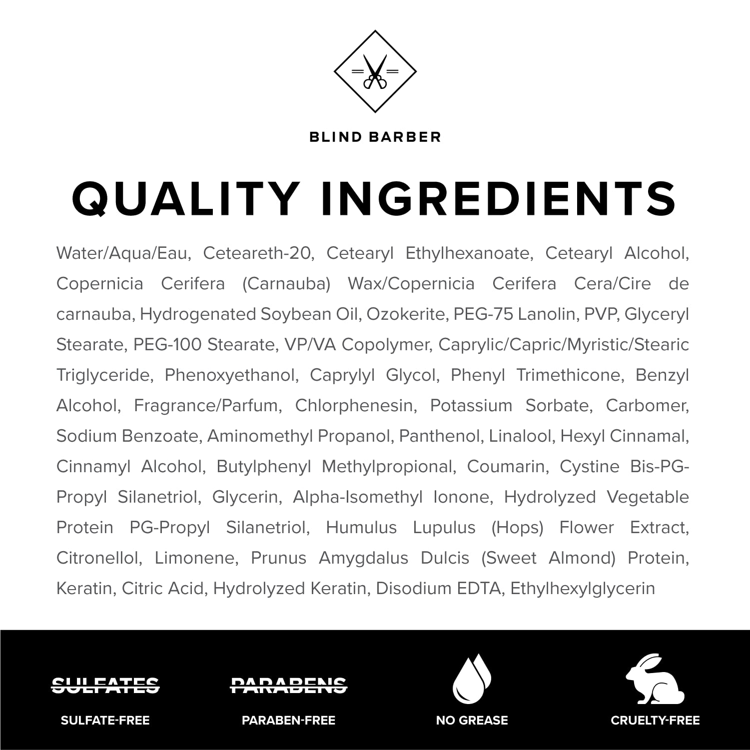 Blind Barber hops extract label highlights conditioning properties.