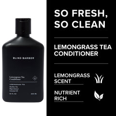 Blind Barber Lemongrass Tea Conditioner ingredients label highlights rooibos and hops.