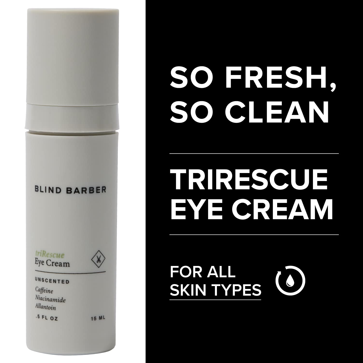 Blind Barber triRescue eye cream application ring finger demonstrating gentle patting