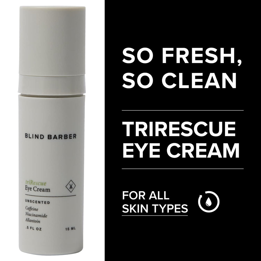 Blind Barber triRescue eye cream application ring finger demonstrating gentle patting
