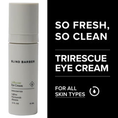 Blind Barber triRescue eye cream application ring finger demonstrating gentle patting