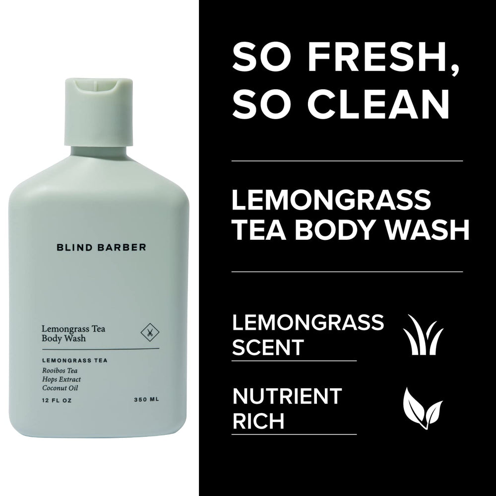 Blind Barber Lemongrass Tea Body Wash ingredients like rooibos and hops are shown.
