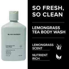 Blind Barber Lemongrass Tea Body Wash ingredients like rooibos and hops are shown.