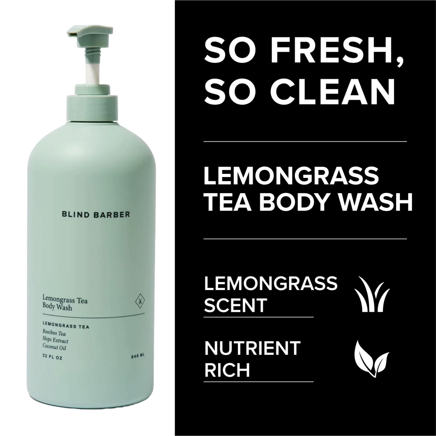 Blind Barber Lemongrass Tea Shower Gel ingredients display rooibos and hops for skin support.