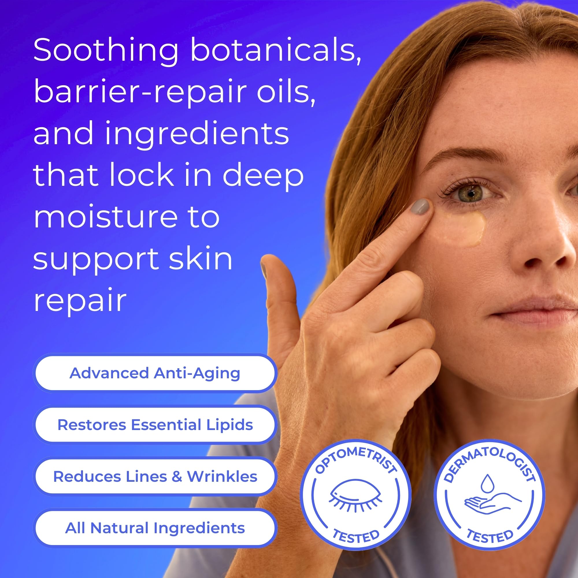 Blinkjoy Restorative Under Eye Balm application close-up demonstrating smooth, hydrating daily use.