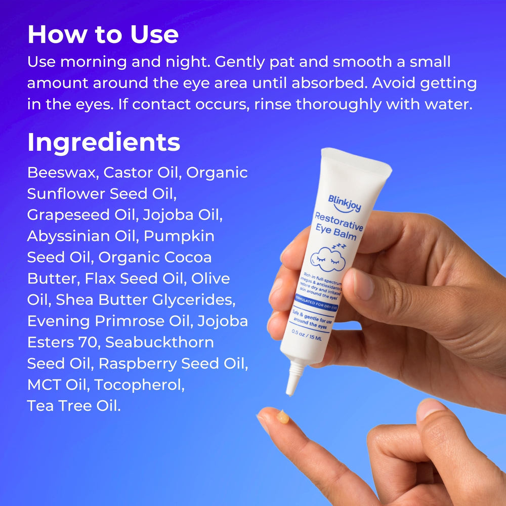 Blinkjoy Restorative Under Eye Balm fragrance-free formula suitable for sensitive lids.