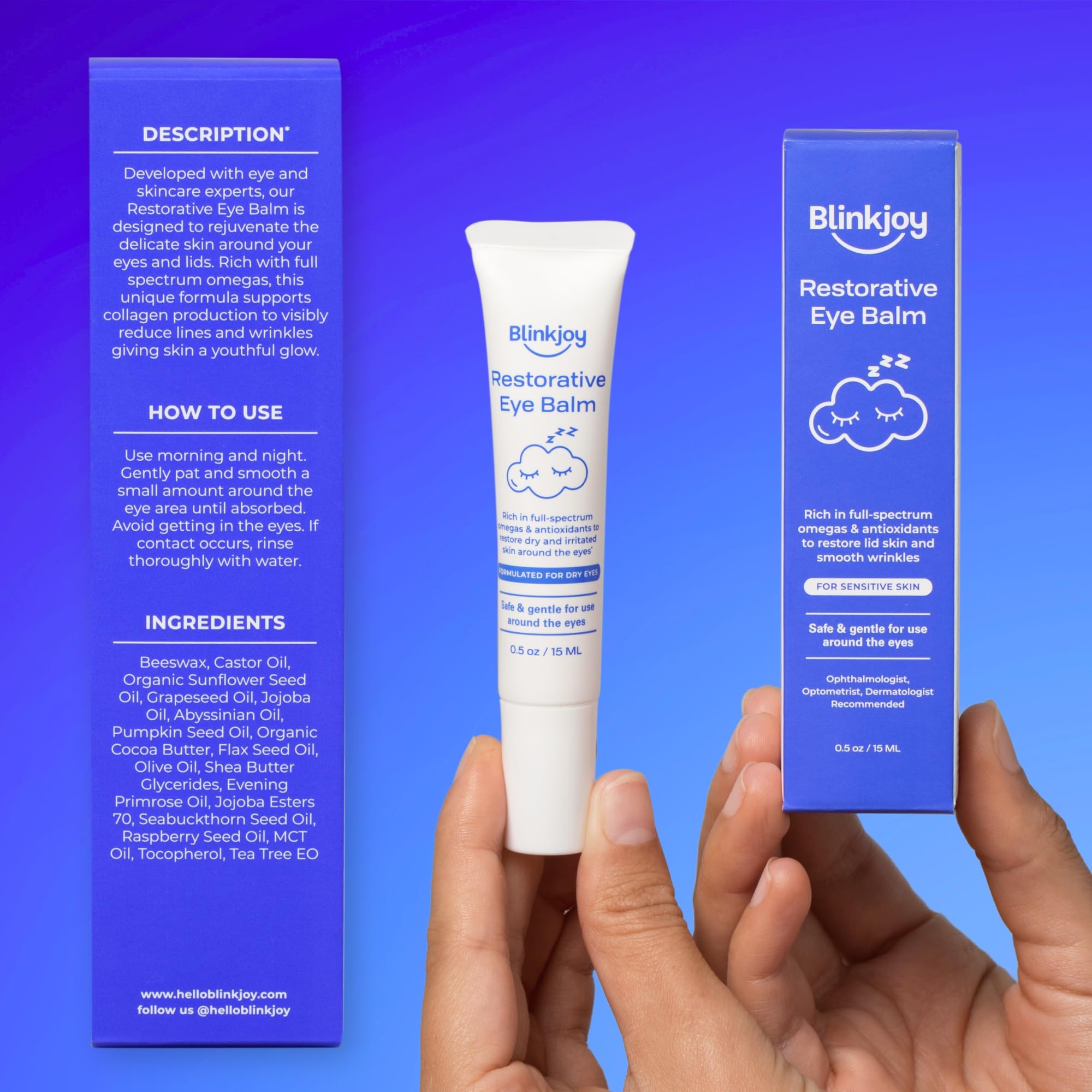 Packaging of Blinkjoy Restorative Under Eye Balm with optometrist and dermatologist testing label