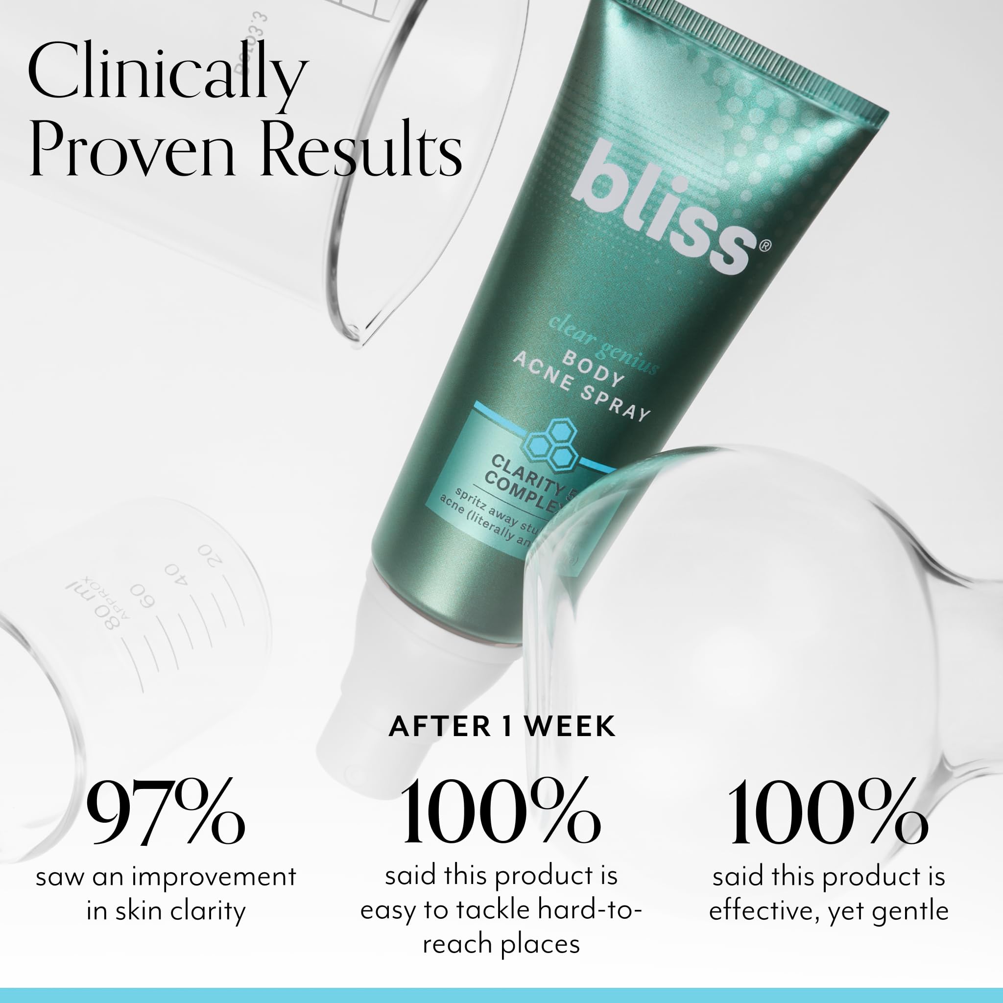 Bliss Clear Genius bottle back view highlighting ingredients and directions.