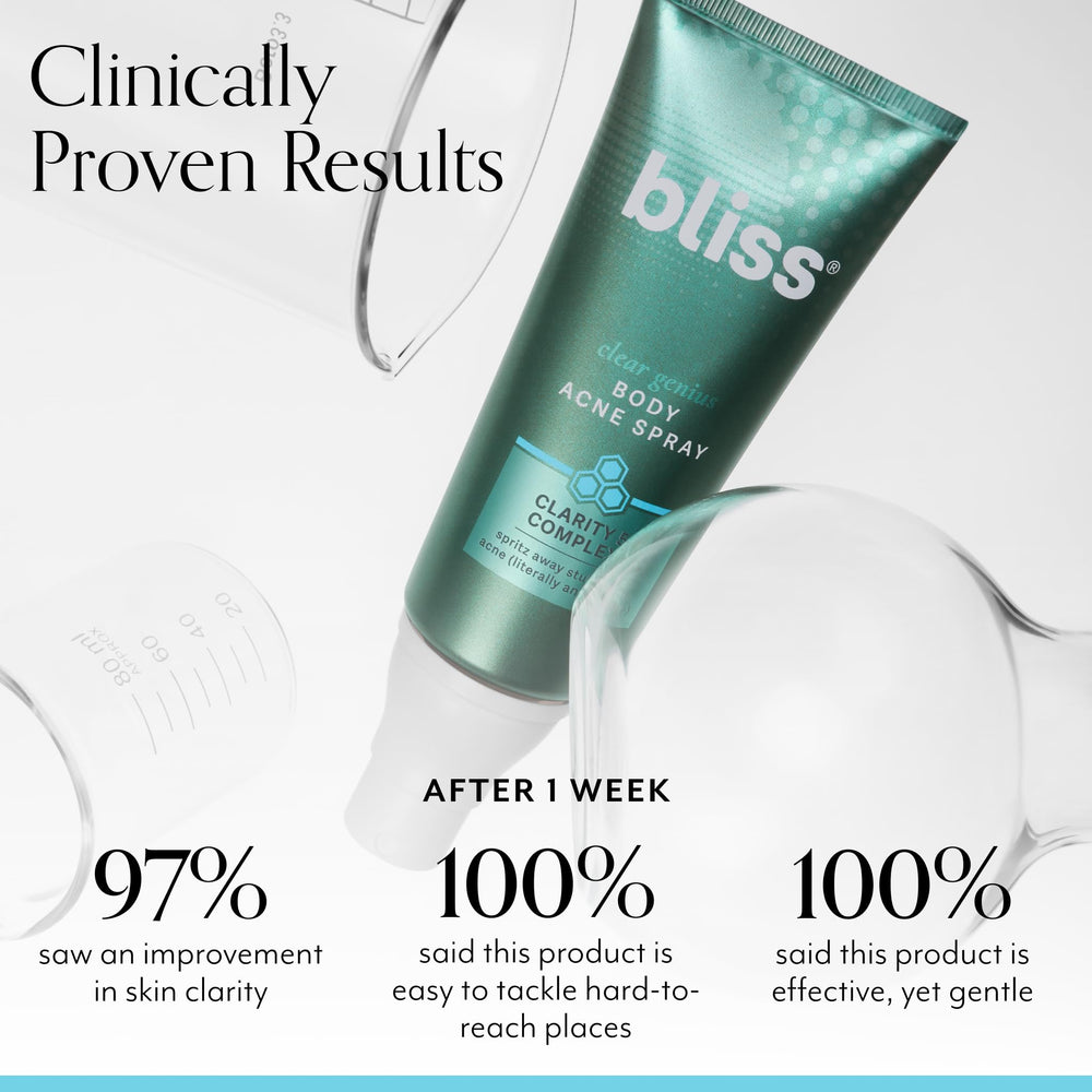 Bliss Clear Genius bottle back view highlighting ingredients and directions.
