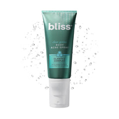 Bliss Clear Genius bottle front view showing unscented body acne spray for oily skin.