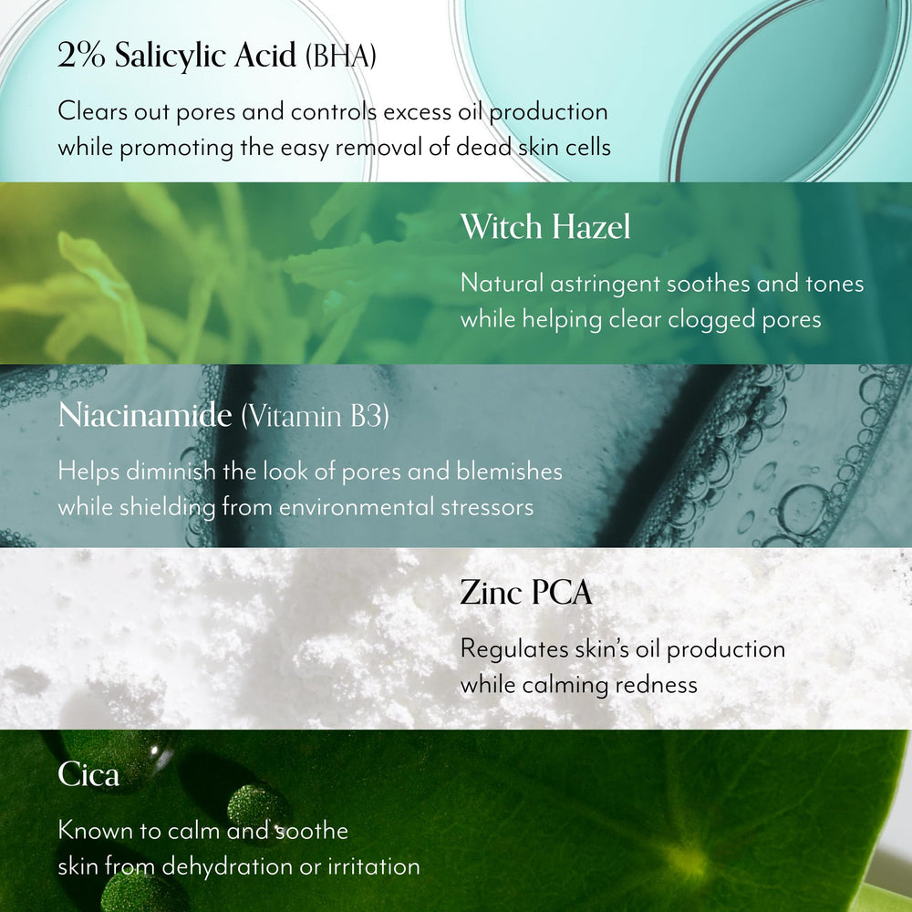 Bliss Clear Genius ingredients display featuring salicylic acid and niacinamide.