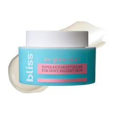 Bliss Ex-glow-sion moisturizer bottle promoting hydrated dewy skin.