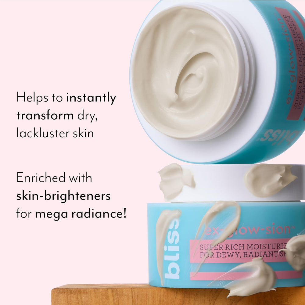 Bliss Ex-glow-sion cream texture close-up shows velvety finish.