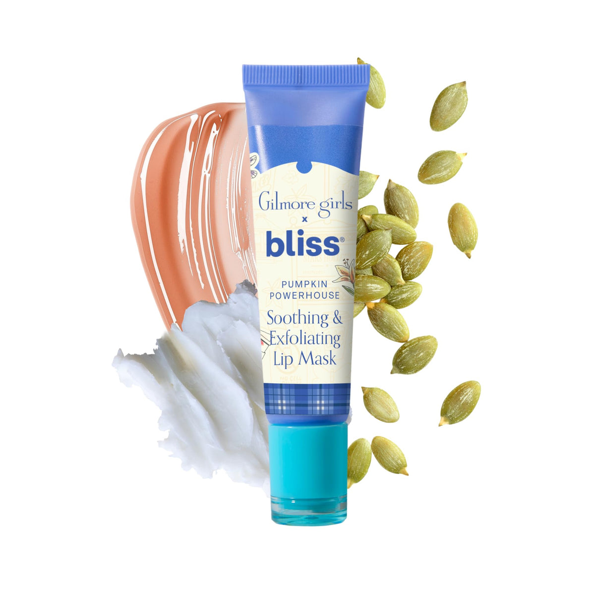 Bliss Gilmore Girls lip mask hero image shows soothing pumpkin formula for overnight hydration.