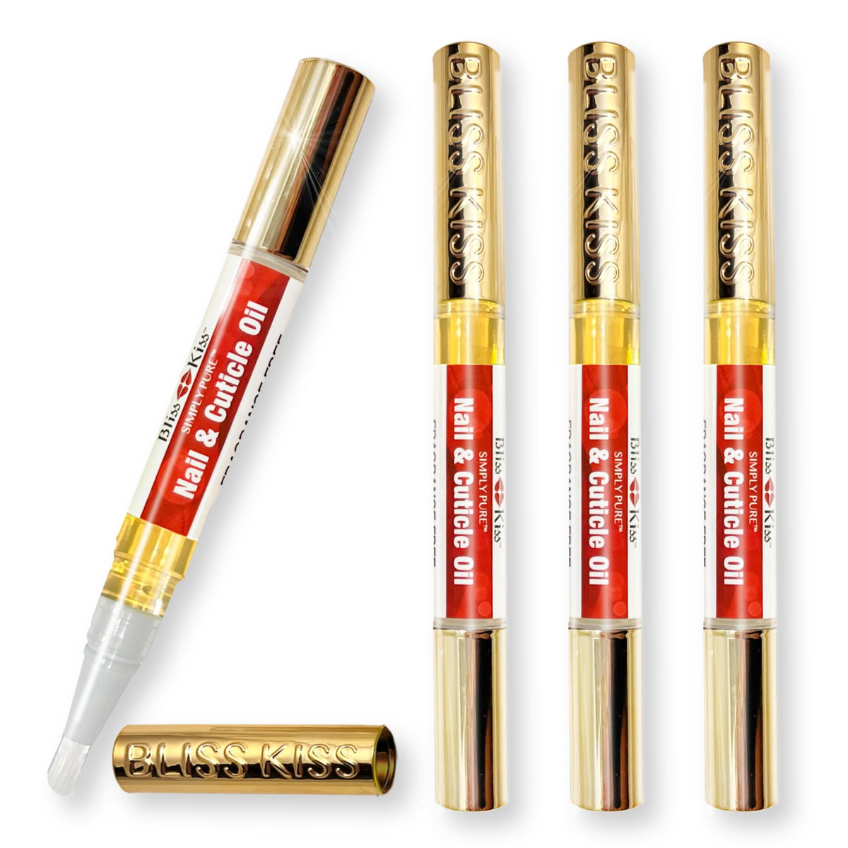Bliss Kiss Simply Pure nail oil pen pack front view, four fragrance-free applicators for cuticle care.