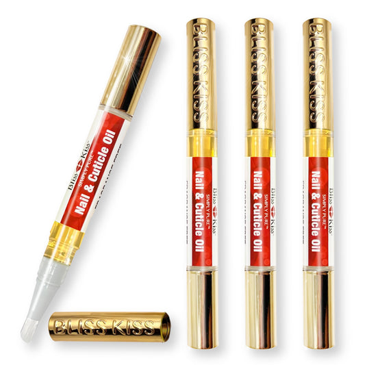 Bliss Kiss Simply Pure nail oil pen pack front view, four fragrance-free applicators for cuticle care.