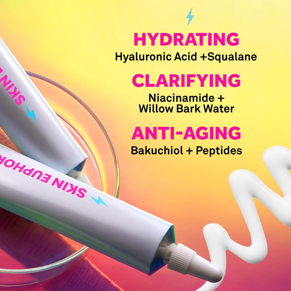 Ingredients close-up of Bliss Skin Euphoria including HA and Niacinamide.