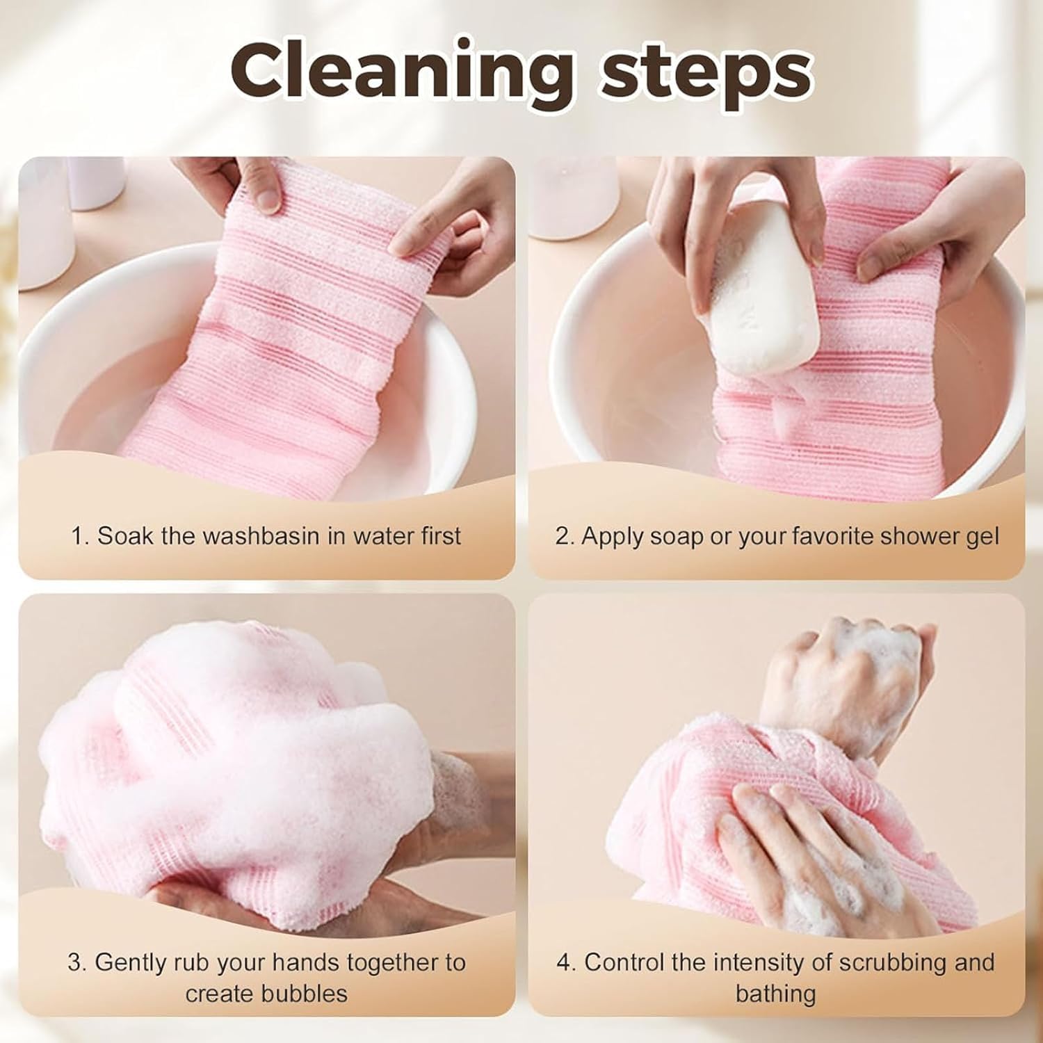 Blissal Exfoliating Shower Towel extra-long design reaches back and legs.