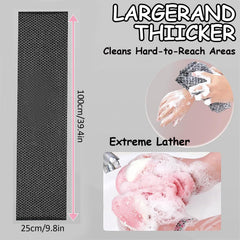 Blissal exfoliating towel extended-length 39 inches for full-back reach.