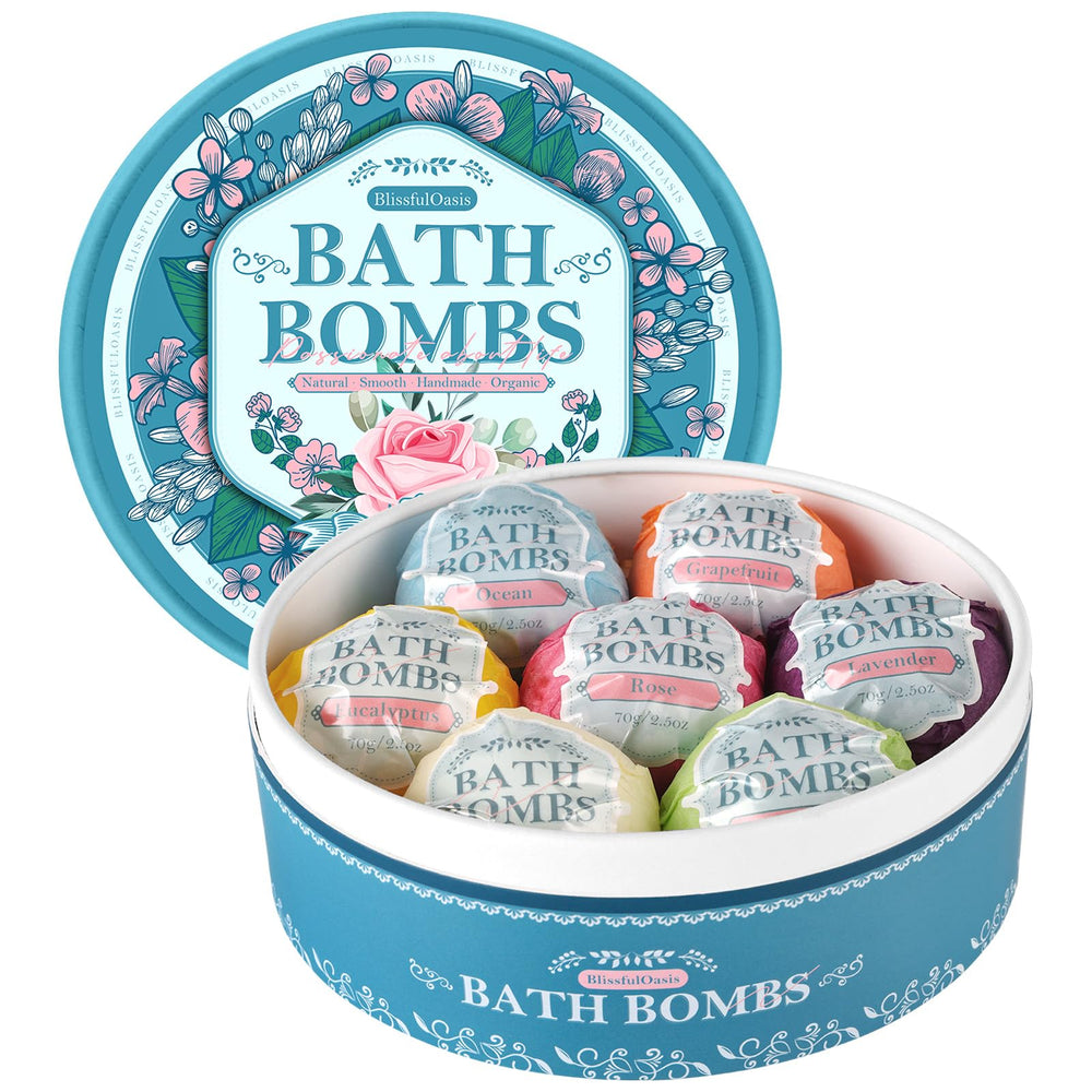 BlissfulOasis bath bomb set with seven fragrances for a relaxing soak.