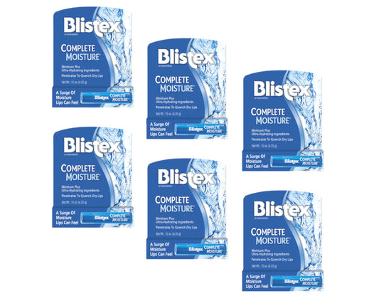 Blistex Complete Moisture lip balm pack six tubes for on-the-go hydration.