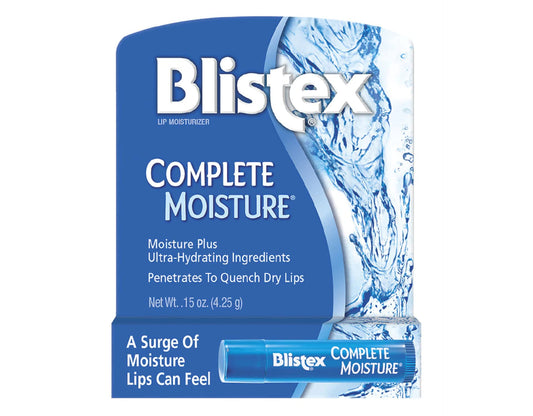 Blistex Complete Moisture lip balm tube close-up highlighting instant smoothness.