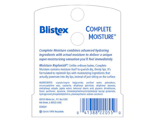 Blistex Complete Moisture packaging highlighting recyclable design for eco-conscious users