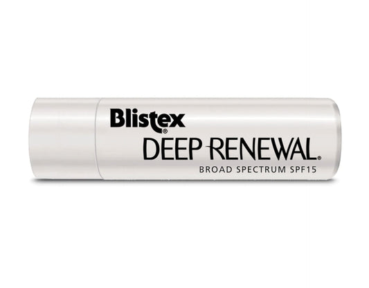Blistex Deep Renewal balm tube close-up emphasizes rich moisture and smooth lips.