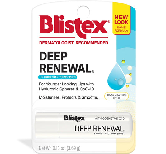 Blistex Deep Renewal packaging ready for daily hydration and sun protection.
