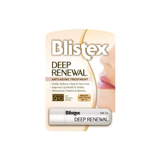Blistex Deep Renewal Lip Balm SPF 15 four-pack front view; portable hydration for sunny days.