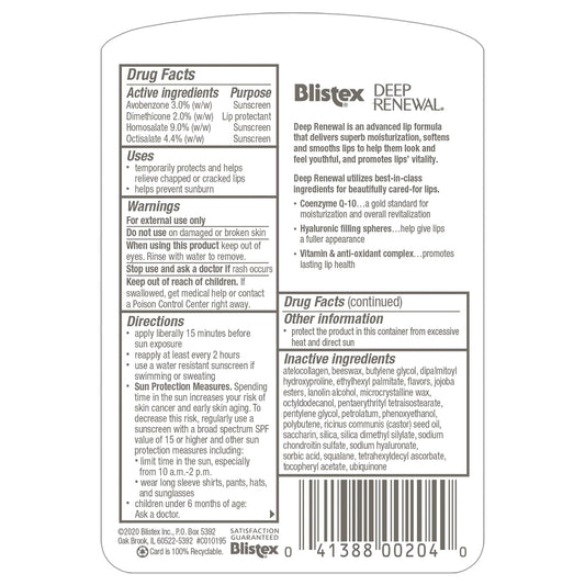 Close-up of Blistex Deep Renewal Lip Balm SPF 15 tubes; ready for outdoor protection and nourishment.
