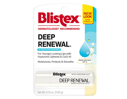 Blistex Deep Renewal lip balm tube delivering daily moisture with SPF 15 protection.