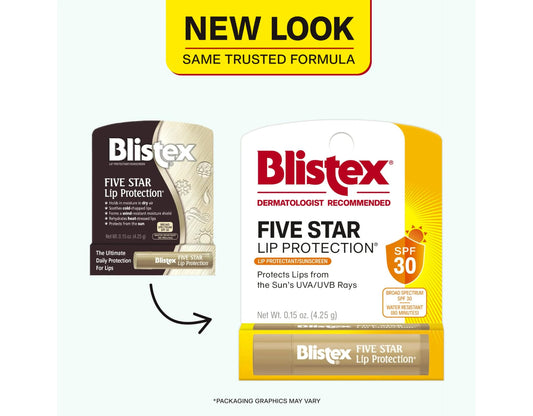 Blistex Five Star SPF30 lip balm close-up shows smooth application.