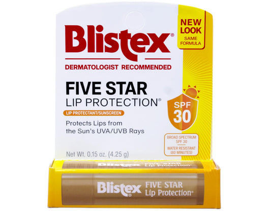 Blistex Five Star SPF30 lip protectant pack-12-tubes for family use and sun protection.