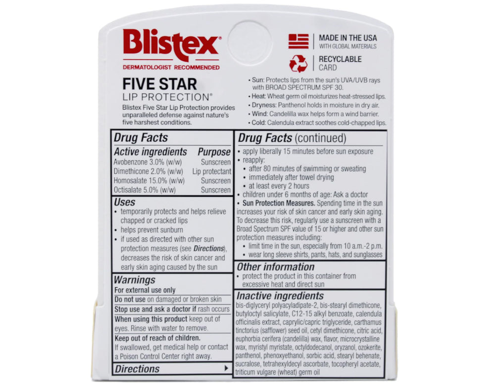 Blistex Five Star SPF30 twist-up tube ready for on-the-go use.