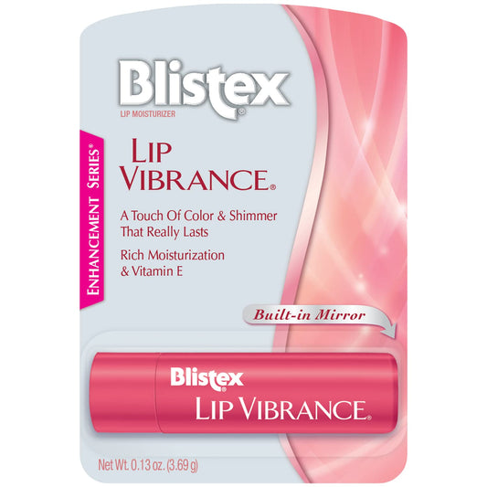 Blistex Lip Vibrance color balm tube closeup showing lasting color and shine.