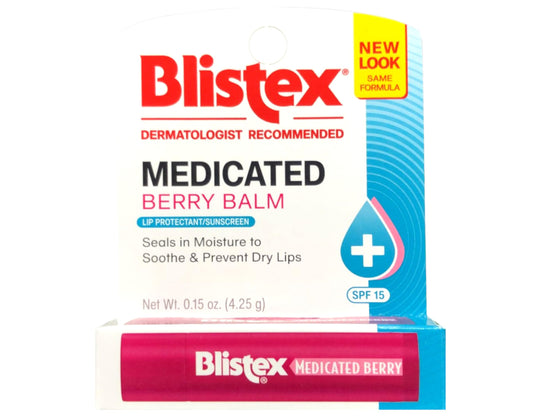 Blistex Medicated Berry Balm tube front providing hydration and SPF 15 protection.