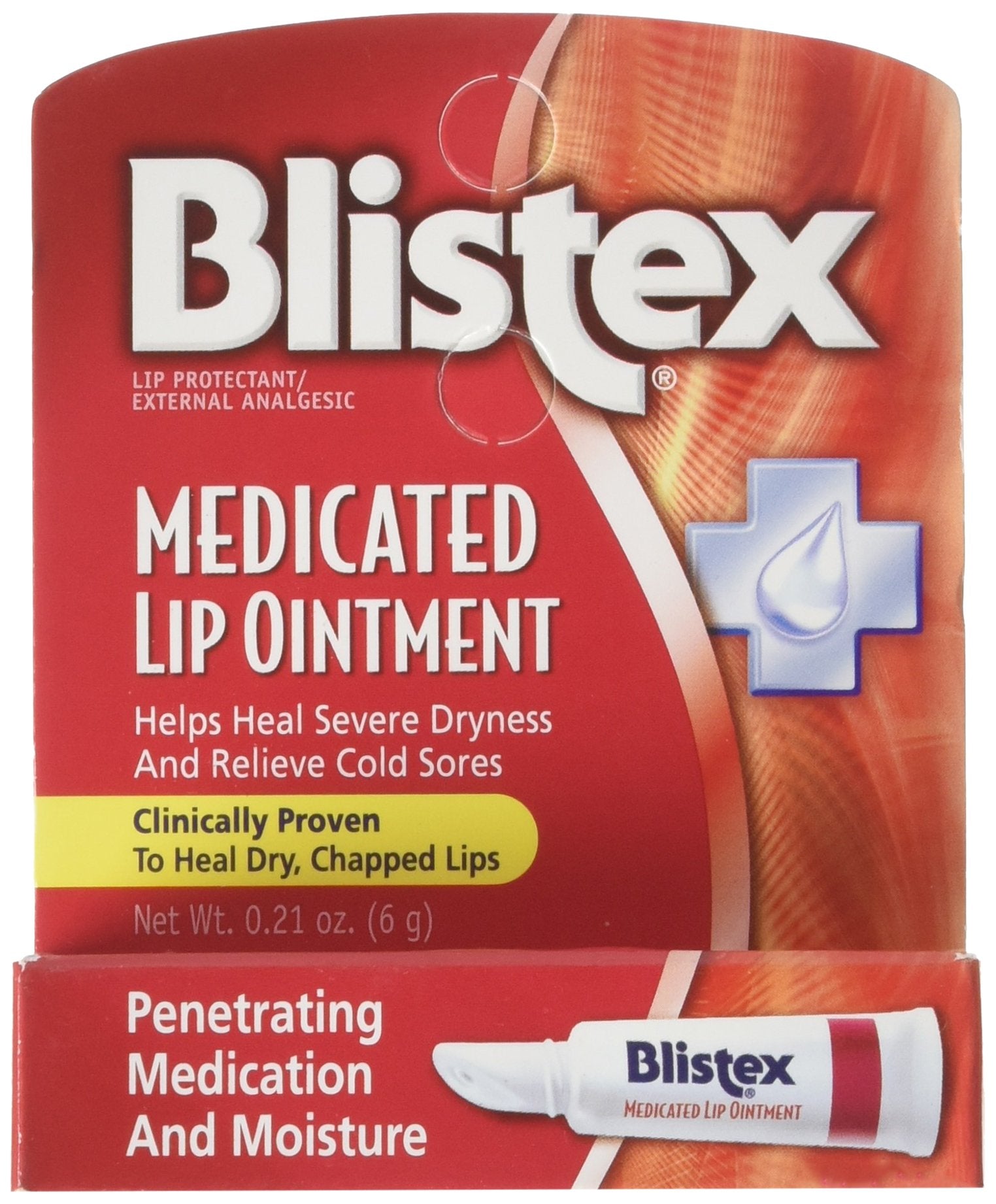 Blistex Medicated Lip Ointment tube with 0.21 oz, six-pack, on-the-go relief.