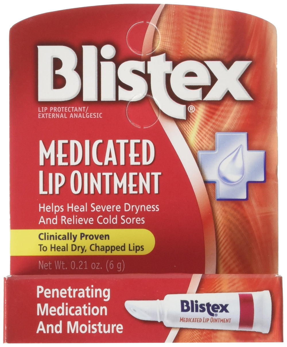 Blistex Medicated Lip Ointment tube with 0.21 oz, six-pack, on-the-go relief.