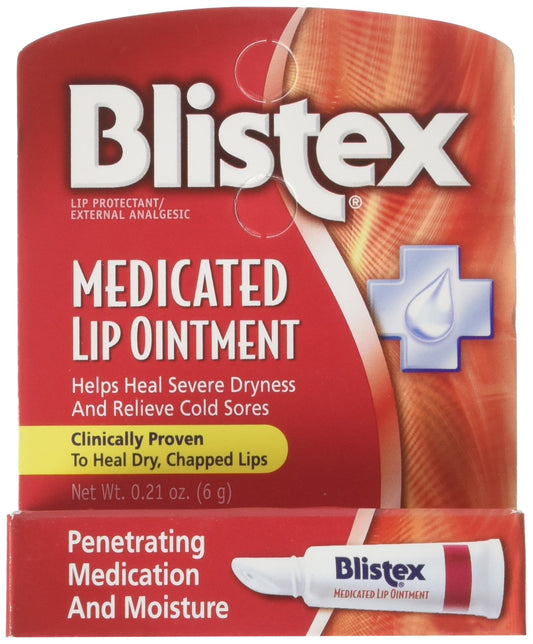 Blistex Medicated Lip Ointment tube with 0.21 oz, six-pack, on-the-go relief.