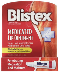 Blistex Medicated Lip Ointment tube with 0.21 oz, six-pack, on-the-go relief.