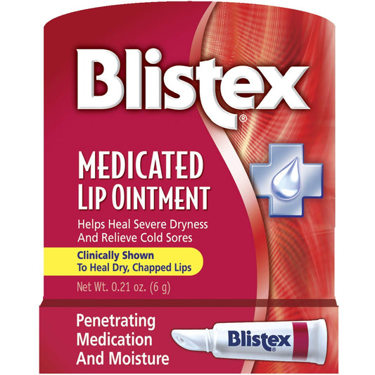 Blistex medicated lip ointment tube front view ready to relieve dryness