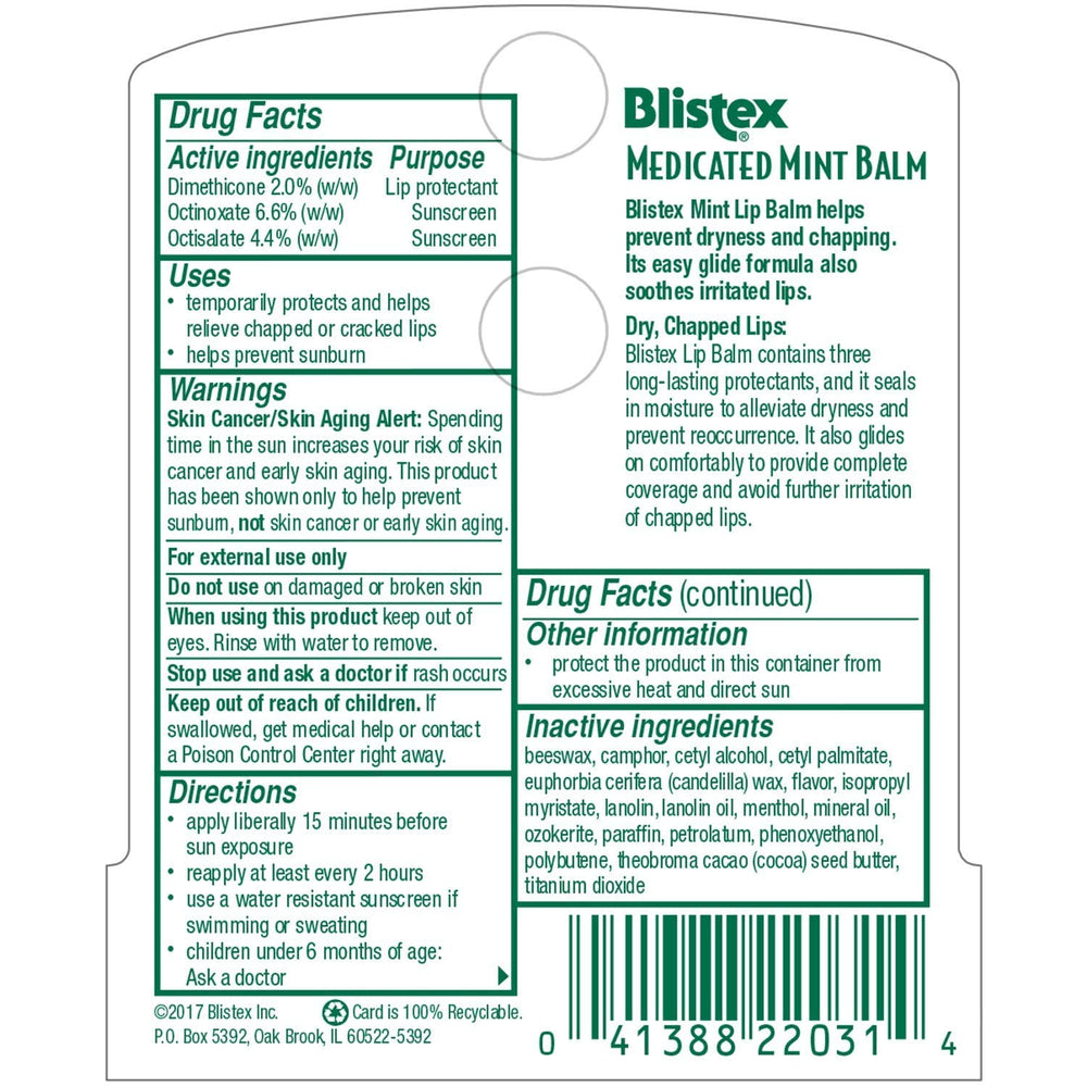 Blistex Medicated Mint Balm SPF 15 close-up showing minty cooling formula for dry lips.