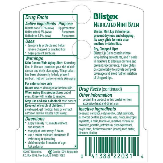 Blistex Medicated Mint Balm SPF 15 close-up showing minty cooling formula for dry lips.