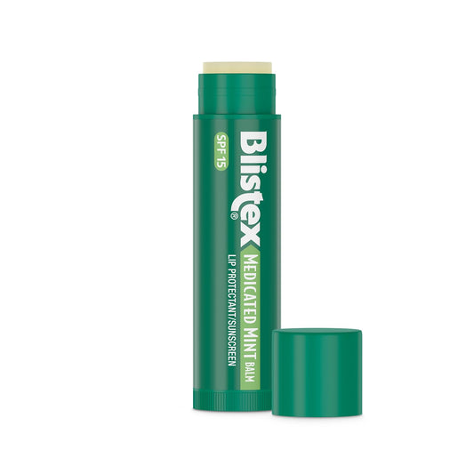 Blistex Medicated Mint lip balm with SPF 15 shields lips in sun.