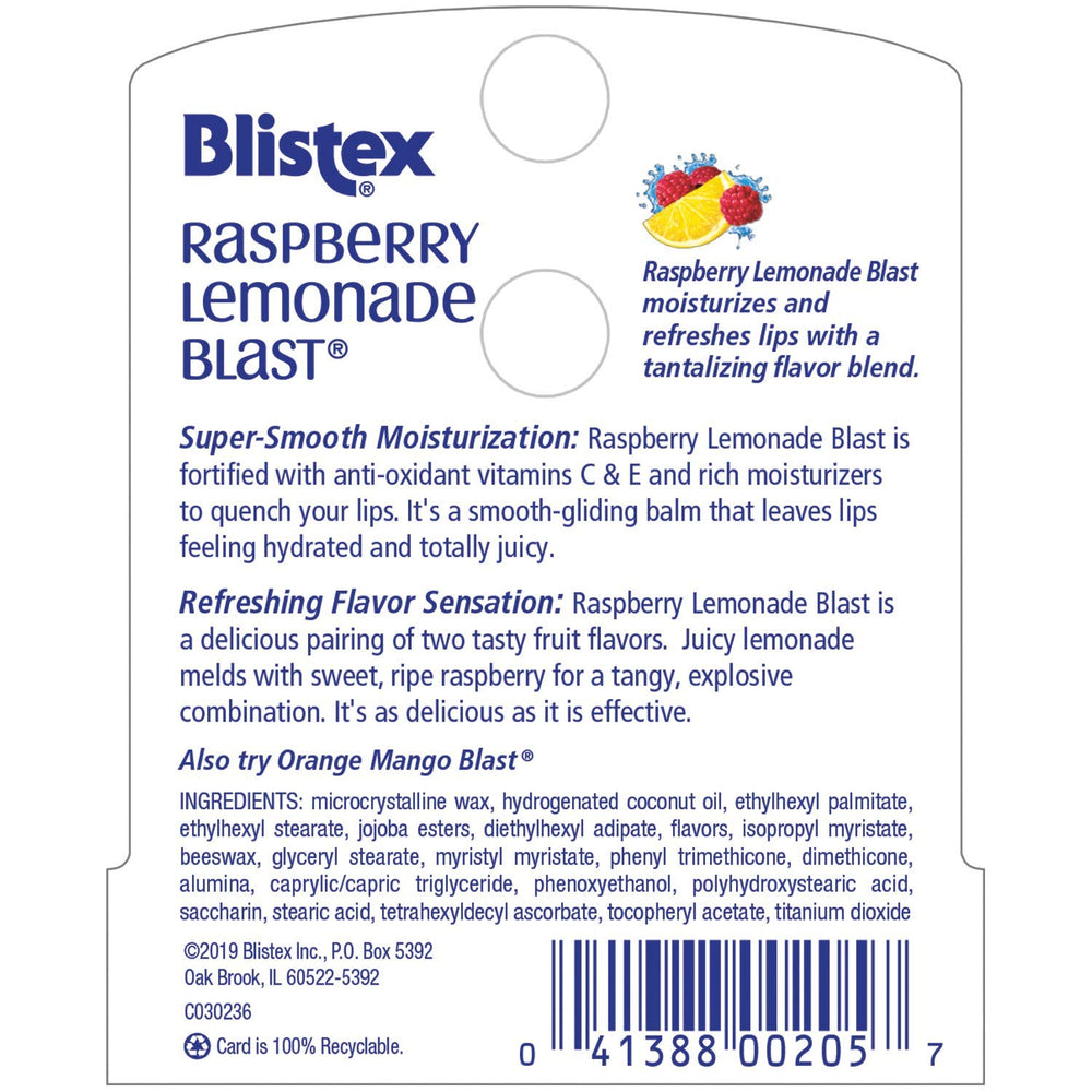 Blistex Raspberry Lemonade Blast flavor swirl hints at a refreshing fruit blend for lips.