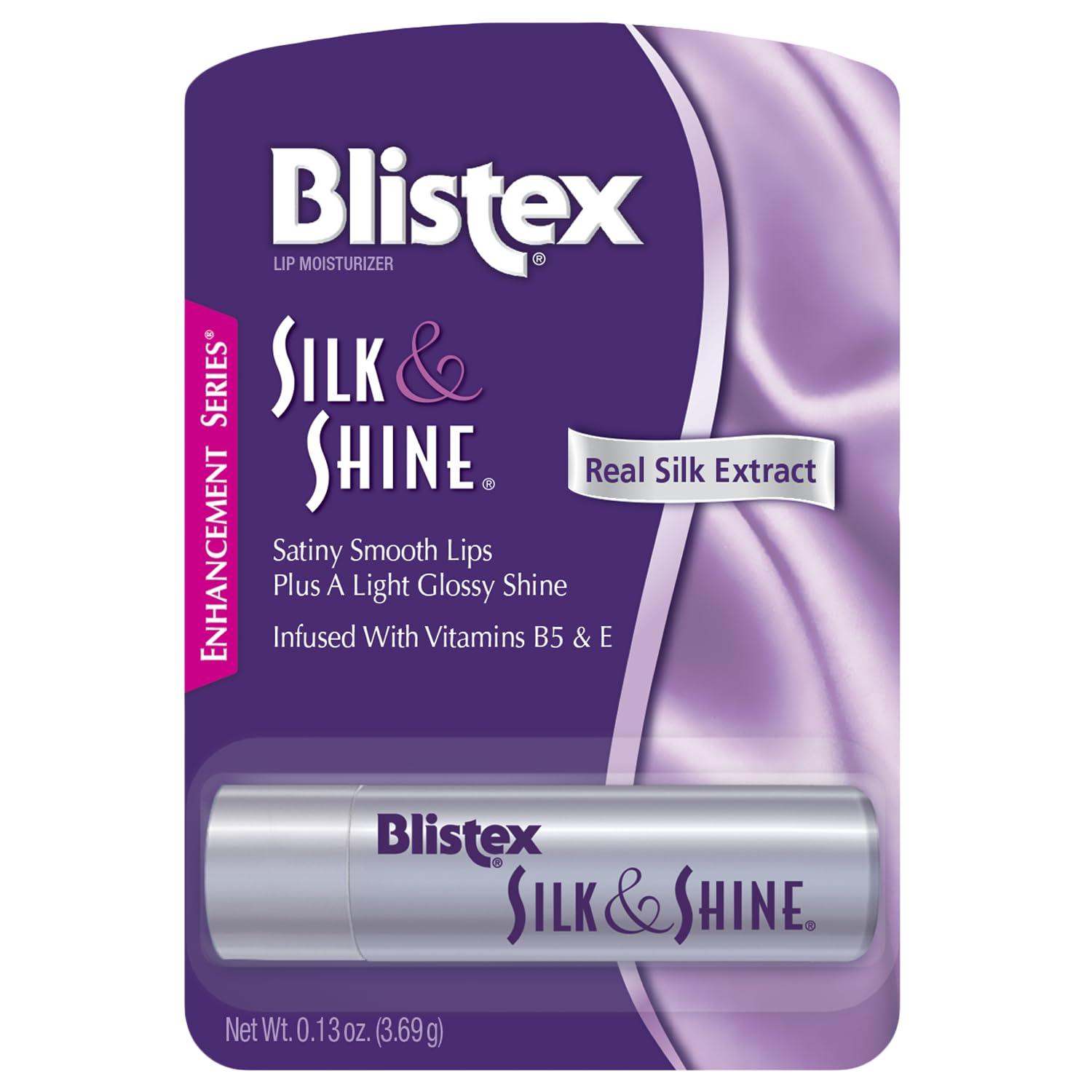 Blistex Silk & Shine lip balm tube closeup showing silky-gloss finish for daily lips.